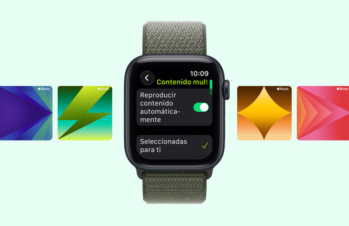 Apple Watch SE 3, caja de aluminio, color medianoche, sugerencias de playlists para entrenar de Apple Music, correa loop deportiva, color bosque