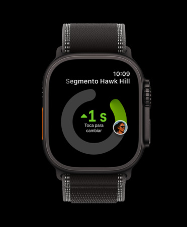 Apple Watch Ultra 3, color negro, caja de titanio, app Strava, funcionalidad Live Segments, correa Trail, color negro/carbón