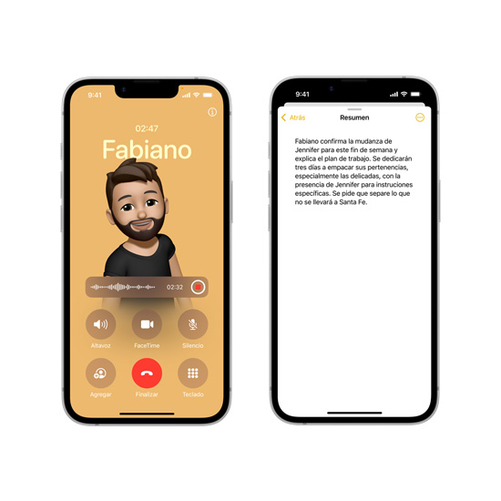 Pantalla de dos iPhone 16e que muestran el resumen de una llamada generado por Apple Intelligence en la app Notas.