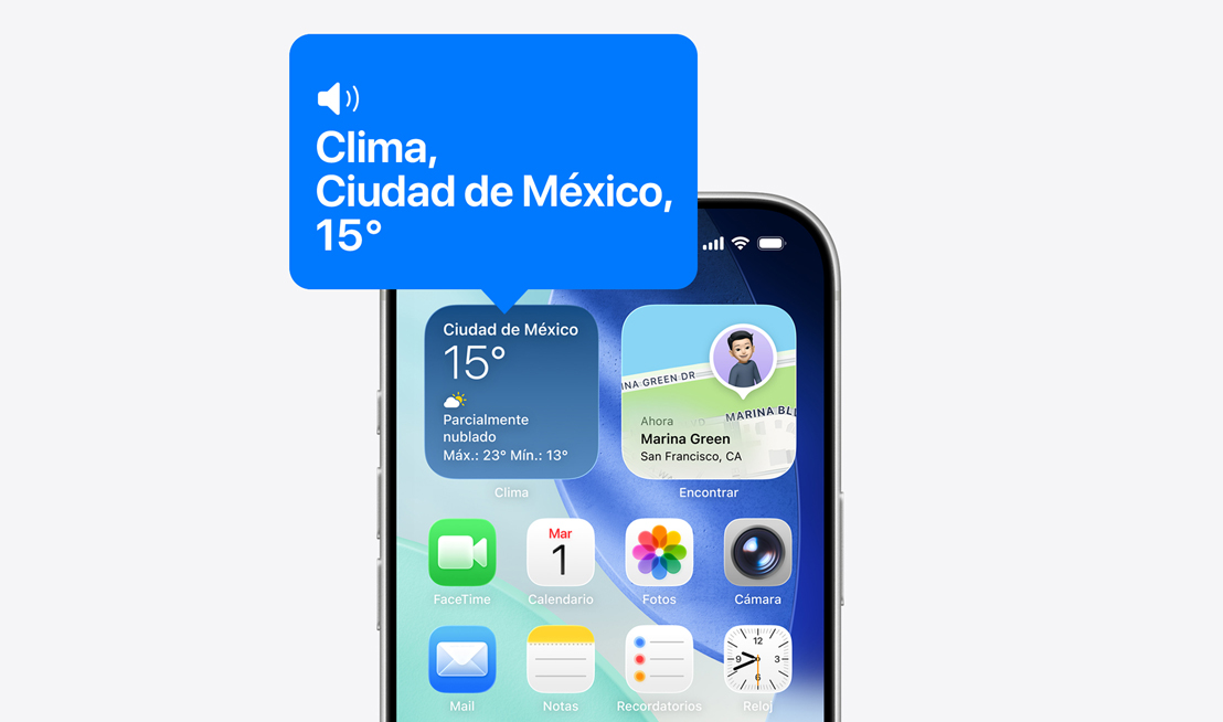 Pantalla de inicio de un iPhone, VoiceOver lee en voz alta el contenido del widget de la app Clima