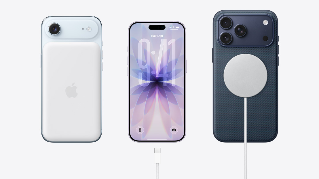 Side by side. iPhone Air back with MagSafe battery attached, iPhone 17 front with all screen design, USB-C charging cable near charging port, iPhone 17 Pro back with MagSafe charging cable attached