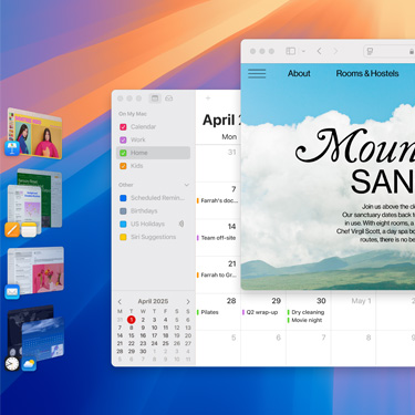 Multiple windows and apps displayed on a screen including Keynote, Pages, Mail and a website featuring content about a serene sanctuary.