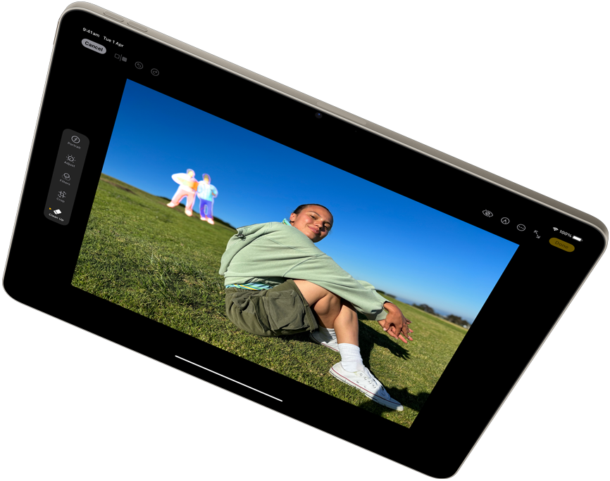 Landscape view of iPad Air showcasing Apple Intelligence with the Clean Up tool in Photos app