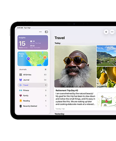 iPad, landscape orientation, left side of screen shows Journal app