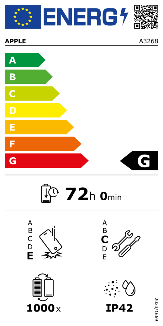 EU Energy Label QR code and information, Apple model A3268, class G, energy efficiency classes (with a scale from A to G), A (most efficient) to G (least efficient), battery endurance per cycle, 72 hours and 0 minutes per full battery charge, repeated free fall reliability class E, A (most robust) to E (least robust), repairability class C, A (most repairable) to E (least repairable), 1000 battery endurance in cycles, dust and water ingress protection (IP) rating IP42 , regulation 2023/1669