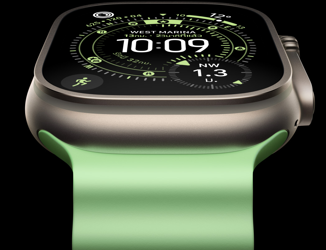 Apple Watch Ultra 3,  titanium case, natural color, compass on Orienteering watch face, Ocean Band, neon green color