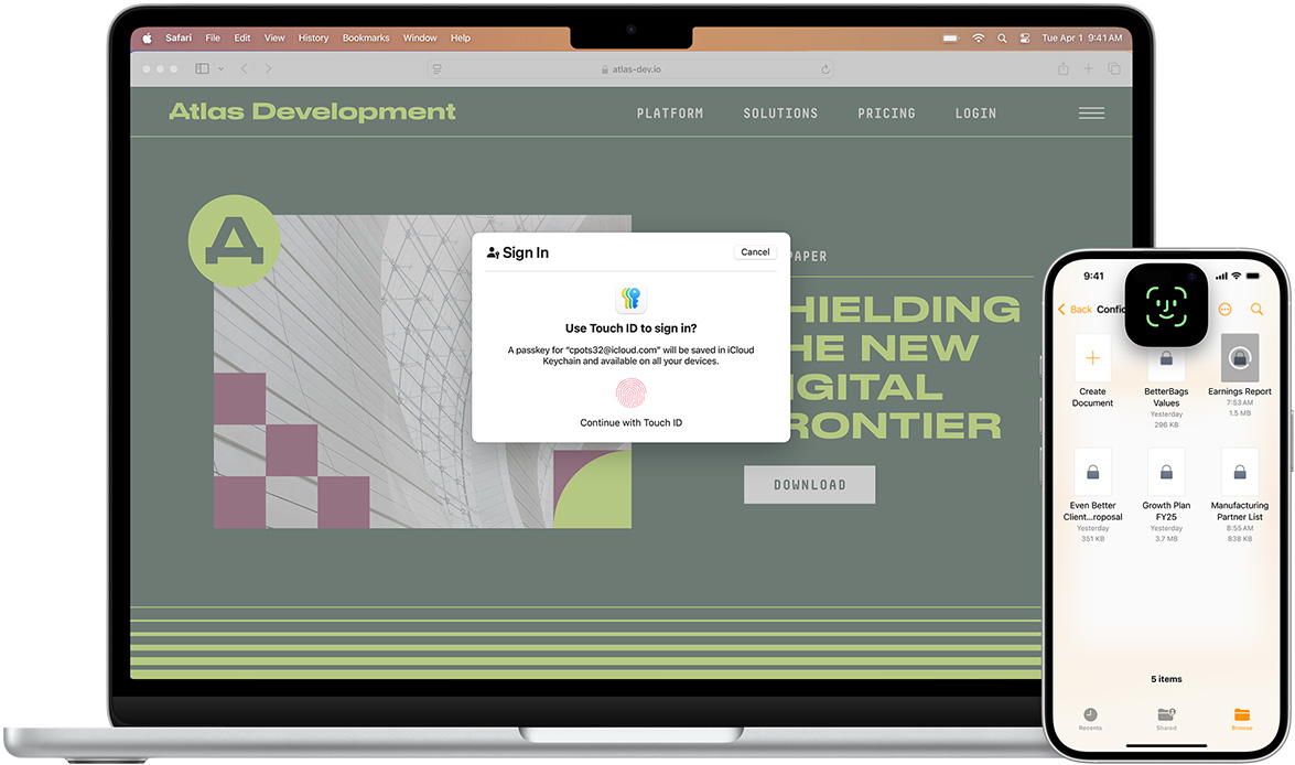 มุมมองด้านหน้าของ MacBook ที่แสดงหน้าต่าง Touch ID ด้านหน้าของ MacBook มี iPhone ที่แสดงหน้าจอ Face ID