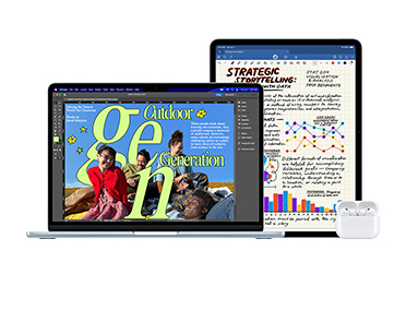 MacBook Pro, AirPods และ iPad เรียงอยู่ข้างกัน