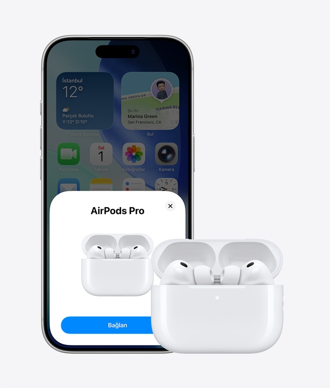 iPhone 17 Pro, önden dış görünüm, arka planda ana ekran, ekranında AirPods bağlantısı bildirimi ve iPhone’un yanında açık kutusundaki AirPods görünüyor