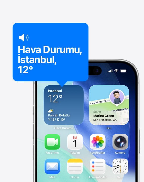 iPhone ana ekranı, VoiceOver ile hava durumu araç takımı simgesi yüksek sesle okunuyor