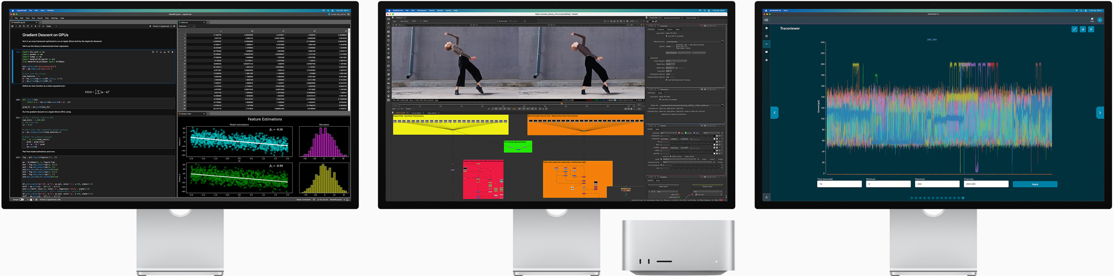 Mac Studio ve her birinde farklı bir macOS uygulaması gösterilen üç adet Studio Display