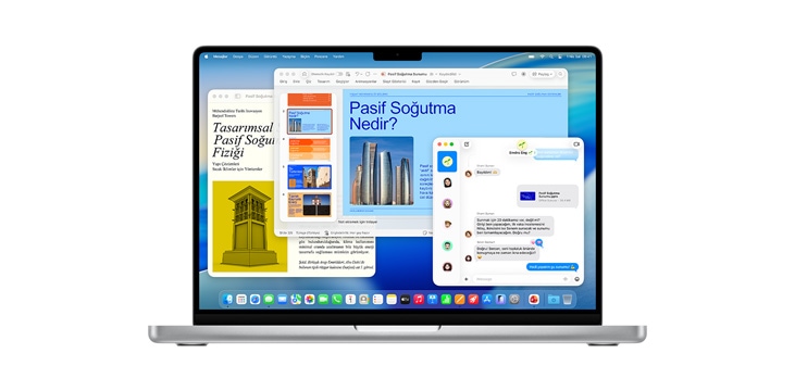 14 inç MacBook Pro’da Microsoft PowerPoint, Mesajlar ve Pages gibi uygulamaların gösterimi.