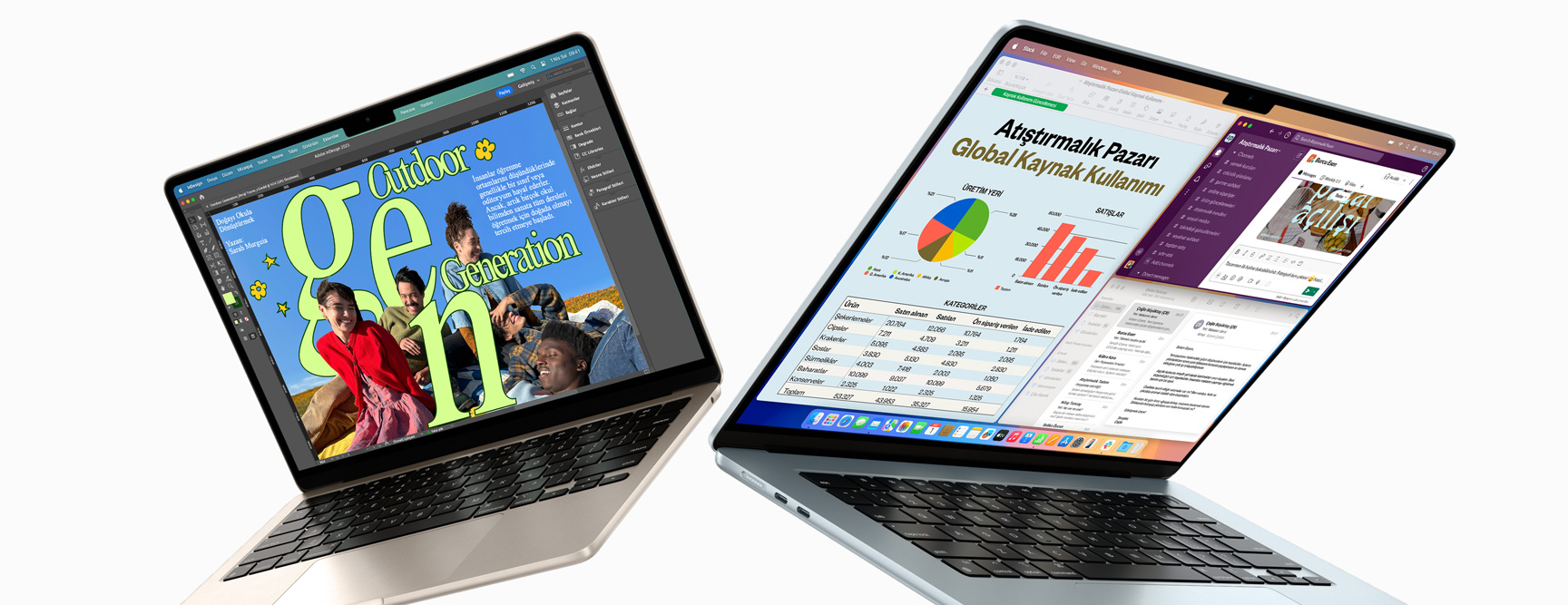 Yarı açık halde duran 13 inç ve 15 inç MacBook Air, aynı anda bir ekranda devam eden bir tasarım üzerinde, diğerinde mail ve hesap tablolarıyla çalışıldığı görülüyor