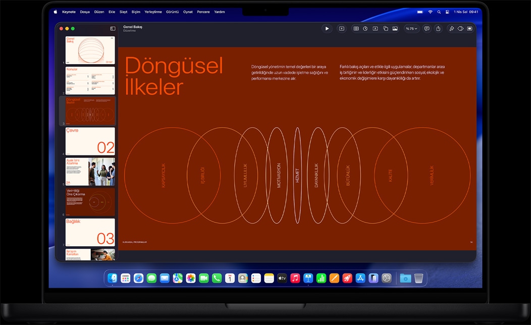 MacBook Pro ekranında bir iş zirvesi için hazırlanan Keynote sunumu gösteriliyor