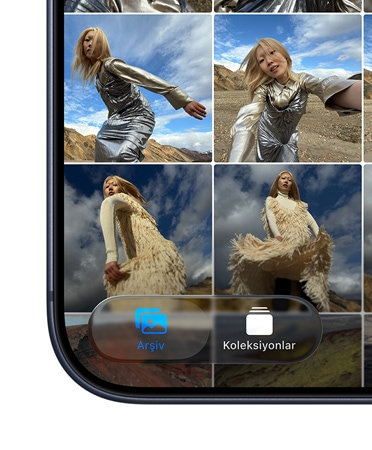iPhone, ekranın sol alt köşesinde yeni Liquid Glass tasarımıyla Arşiv ve Koleksiyonlar sekmelerini gösteren Fotoğraflar uygulaması kutucuğu yer alıyor