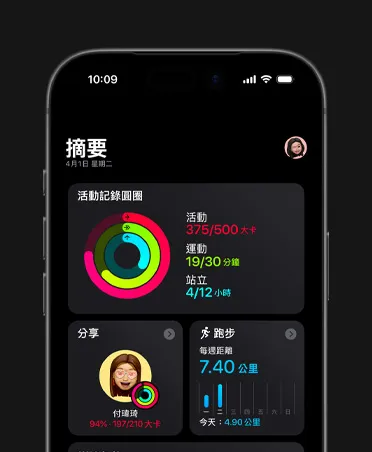 iPhone 17 的螢幕展示健身摘要資料，活動紀錄圓圈顯示活動、運動與站立指標，與好友分享的活動記錄，以及每週跑步數據