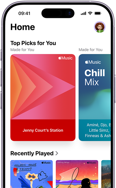 Apple Music Home tab screen on iPhone, Top Picks for You carousel showing Jenny Court’s personalised stations and playlists