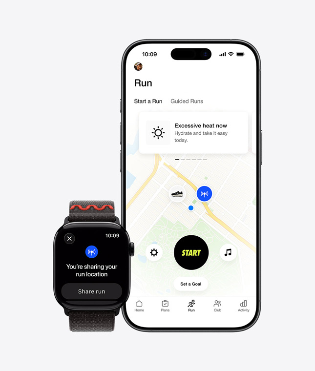 Apple Watch Series 11, location sharing onscreen, iPhone 17, Nike Run Club app maps outdoor run