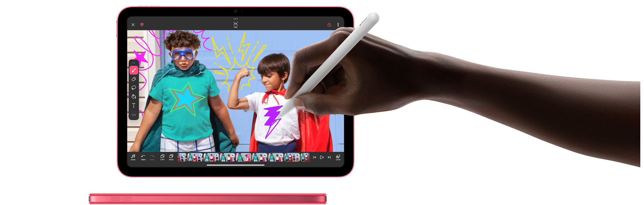 A user holds Apple Pencil and draws in Photo Mark Up.