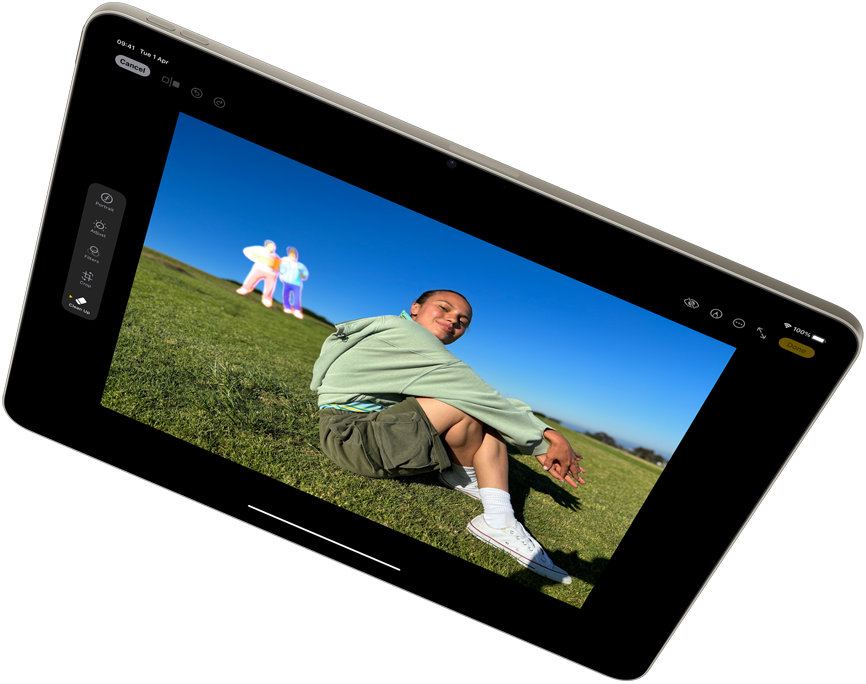 Landscape view of iPad Air showcasing Apple Intelligence with the Clean Up tool in Photos app