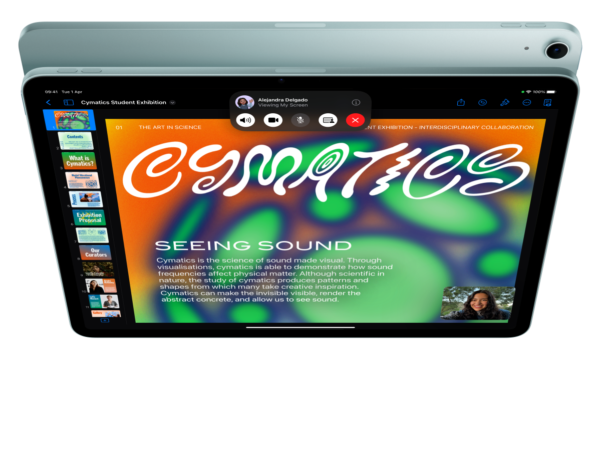 iPad Air, front exterior, user is on FaceTime and looking at Keynote in front of another iPad Air, back exterior