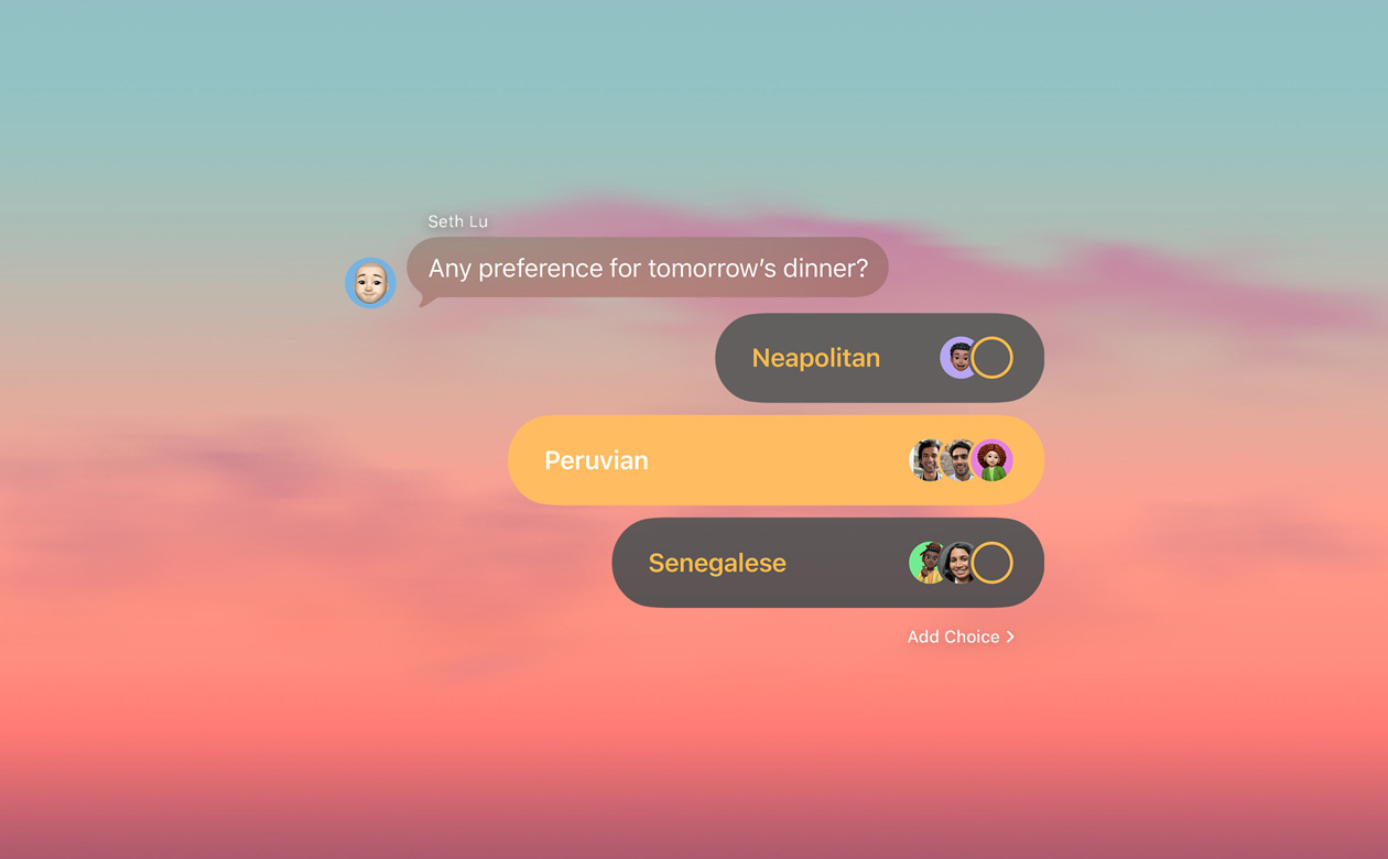 Polls and backgrounds features in Messages with people in the group chat voting on what to have for dinner
