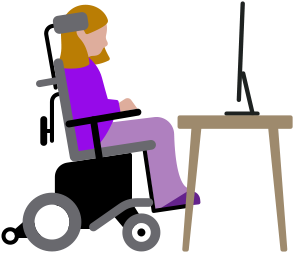 Person in motorized wheelchair looking at a Mac computer on a desk
