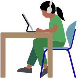 En kvinne som har på AirPods Max sitter ved et skrivebord og bruker en iPad.