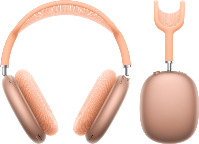 Vista frontal y lateral de unos AirPods Max naranjas