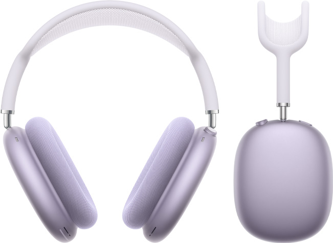 Vista frontal y lateral de unos AirPods Max morados