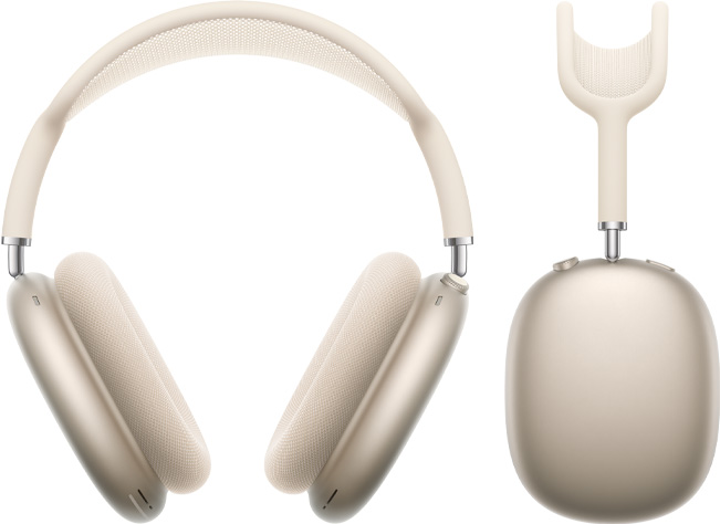 Vista frontal y lateral de unos AirPods Max color blanco estelar