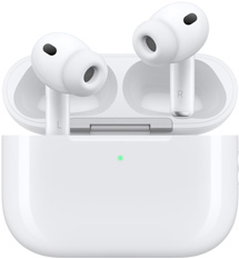 AirPods Pro 3 и MagSafe кутия за зареждане (USB‑C), екстериор на заоблена кутия, LED индикатор за нивото на батерията, отворен капак на кутията, бял цвят, безжични слушалки със силиконови накрайници, интериорът на дръжката включва буквите L и R