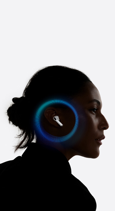 A person wearing AirPods Pro 3 with soundwaves around their ear