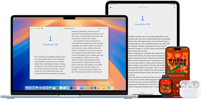 MacBook Pro and iPad Air display a page from the same ebook in the Books app. Apple Watch and iPhone 15 screens display a book cover from the same audiobook. An AirPod Pro case open to show both AirPod Pro earbuds.