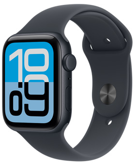 Apple Watch SE 3, boîtier en aluminium, minuit, cadran Fluctuation, côté droit, Digital Crown, micro, bouton latéral, Bracelet Sport minuit, système de fermeture argent à clou et passant