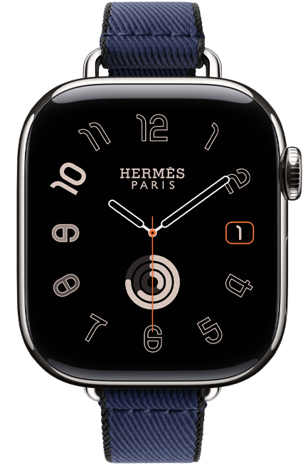 Apple Watch Hermès Series 11, caja de titanio, color plata, carátula Hermès Radial, correa Twill Jump Attelage Simple Tour, color Navy/Noir