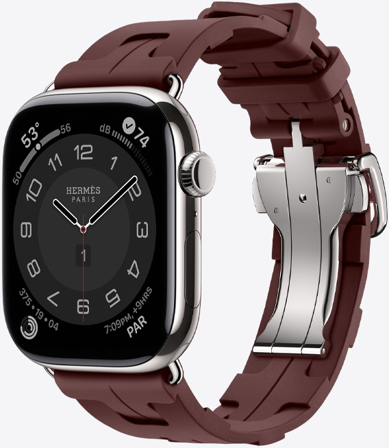 Apple Watch Hermès Series 11, boîtier en titane, argent, bracelet Kilim, bordeaux, boucle argent à dégagement rapide