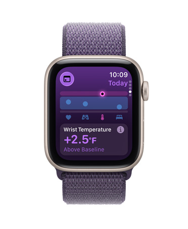 Apple Watch SE 3, boîtier en aluminium, lumière stellaire, app Signes vitaux, tableau des scores de santé, notification de valeurs anormales des signes vitaux nocturnes, côté droit, Digital Crown, Boucle Sport, brume violette