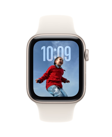 Apple Watch SE 3, carcasă din aluminiu, culoare Strălucire stelară, sugestie din Stiva inteligentă, sugestie pentru antrenament Alergare afară, partea exterioară dreaptă, Digital Crown, curea Sport, culoare Strălucire stelară