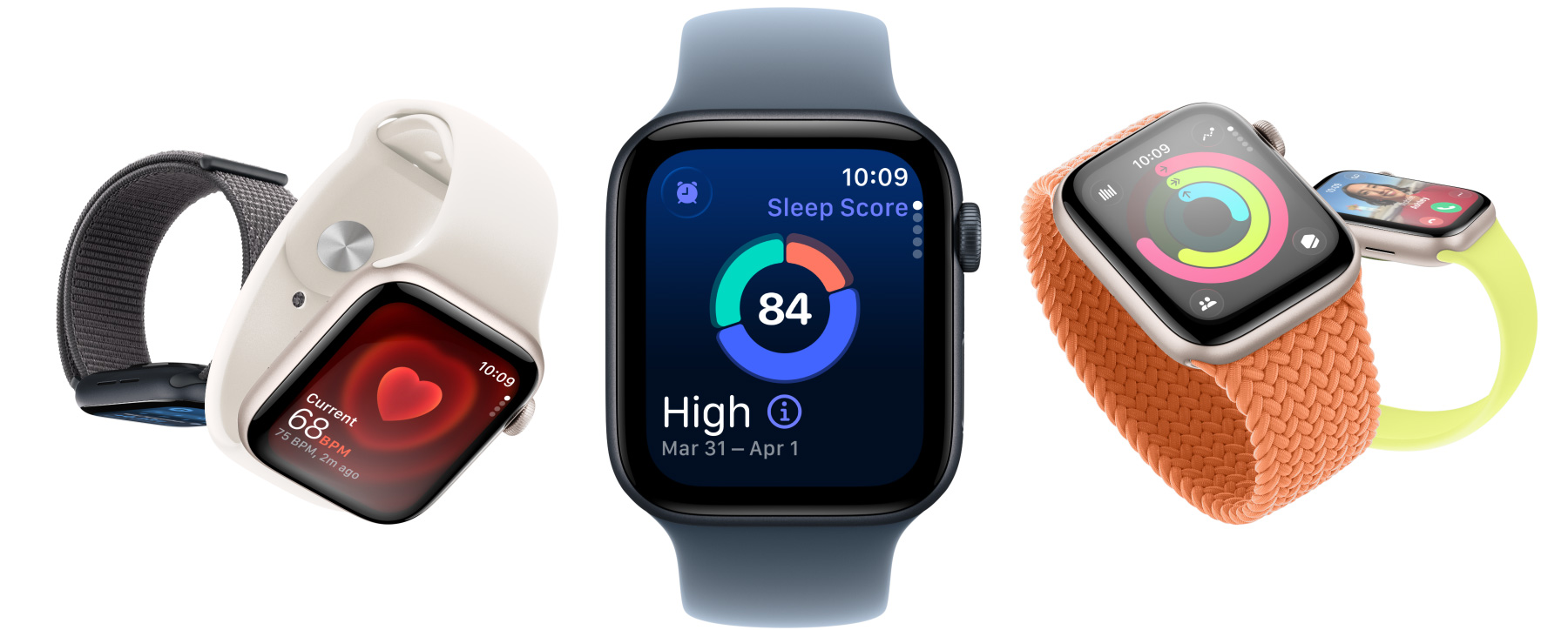 Apple Watch SE 3, boîtiers en aluminium, lumière stellaire et minuit, écrans: app Signes vitaux, app Fréquence cardiaque, Score de sommeil, anneaux Activité, appel entrant