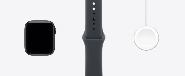전면 화면 디스플레이를 갖춘 Apple Watch SE 3의 앞면, 미드나이트 색상의 스포츠 밴드, Apple Watch 마그네틱 급속 충전기-USB-C 케이블