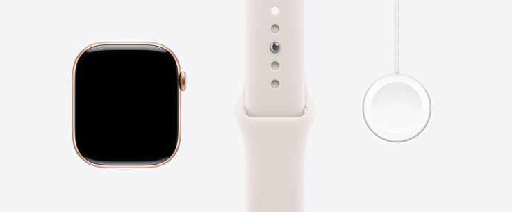 Apple Watch Series 11 mostrato di fronte, cassa in alluminio color oro rosa, display edge‑to‑edge, cinturino Sport rosa fard, cavo magnetico USB‑C per la ricarica rapida di Apple Watch
