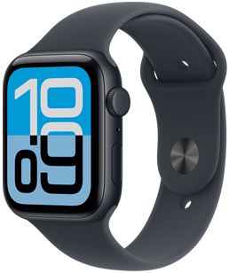 Apple Watch SE 3, κάσα από αλουμίνιο, χρώμα μαύρο του μεσονυκτίου, πρόσοψη Flux, εξωτερική δεξιά πλαϊνή όψη, Digital Crown, μικρόφωνο, πλευρικό κουμπί, λουράκι Sport Band σε μαύρο του μεσονυκτίου, μαύρο κλείσιμο που κρύβει την καρφίτσα