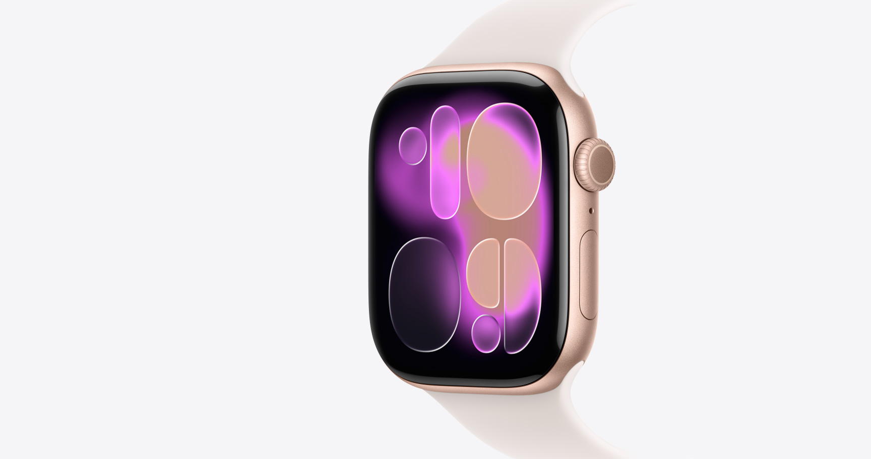Apple Watch Series 11, χρώμα ροζ χρυσό, κάσα από αλουμίνιο, πρόσοψη ρολογιού Responsive Art, εξωτερική δεξιά πλαϊνή όψη, Digital Crown, μικρόφωνο, πλευρικό κουμπί, λουράκι Sport Band, χρώμα αιθέριο ροζ