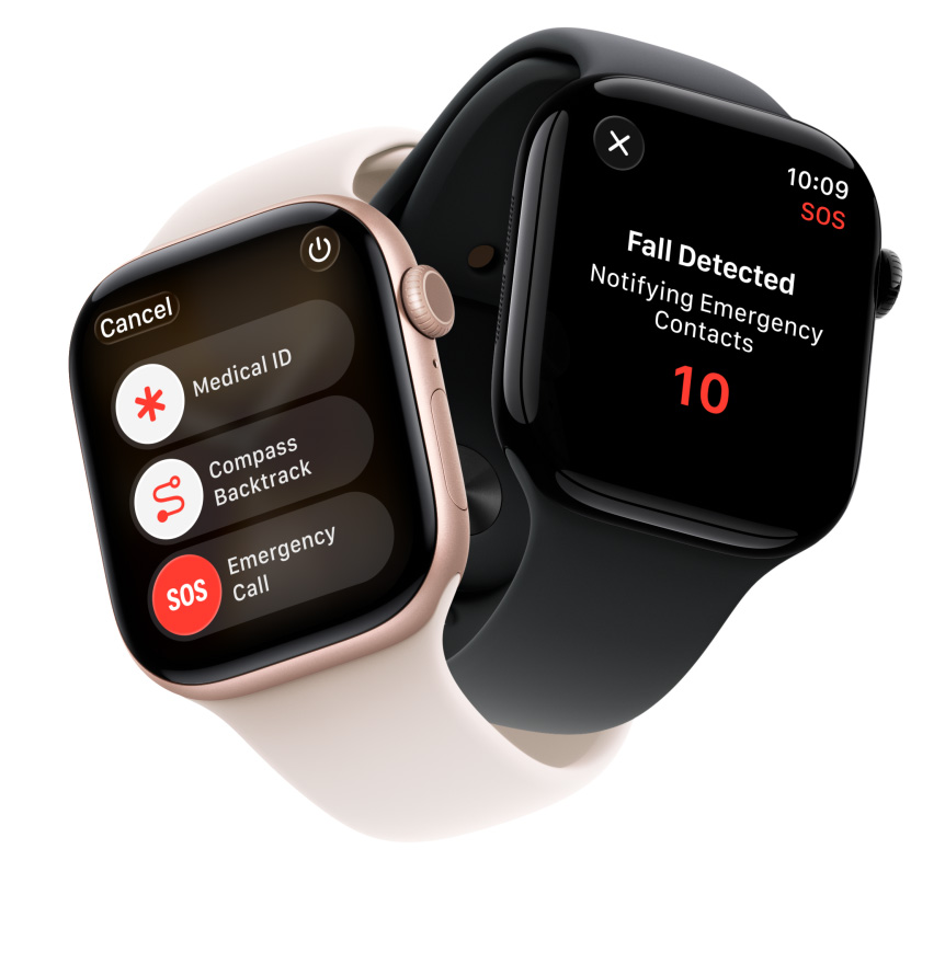 Συσκευές Apple Watch Series 11, κάσες από αλουμίνιο, χρώματα ροζ χρυσό και απόλυτο μαύρο, χαρακτηριστικά ασφαλείας στην οθόνη: ιατρικό ID, ιχνηλάτηση πυξίδας, κλήση έκτακτης ανάγκης, λουράκια Sport Bands, χρώματα αιθέριο ροζ και μαύρο