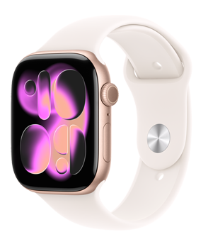 Apple Watch Series 11, couleur or rose, boîtier en aluminium, cadran Responsive Art, côté droit, Digital Crown, microphone, bouton latéral, Bracelet Sport, couleur rose tendre