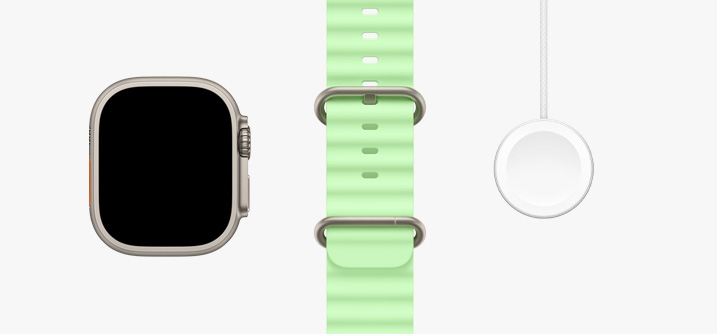 Apple Watch Ultra 3, caja de titanio, color natural, pantalla de borde a borde, correa Ocean verde neón, cable de carga rápida magnética con conector USB‑C para el Apple Watch