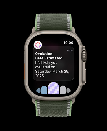 Apple Watch Ultra 3, natural titanium case, ovulation date estimation notification from Cycle Tracking in Health app, Trail Loop, green/neon color