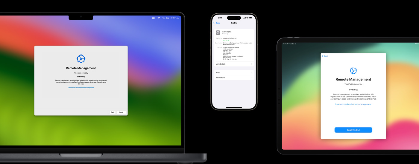Mac i iPad wyświetlające okno Zdalnego zarządzania. iPhone wyświetlający ustawienia profilu MDM.