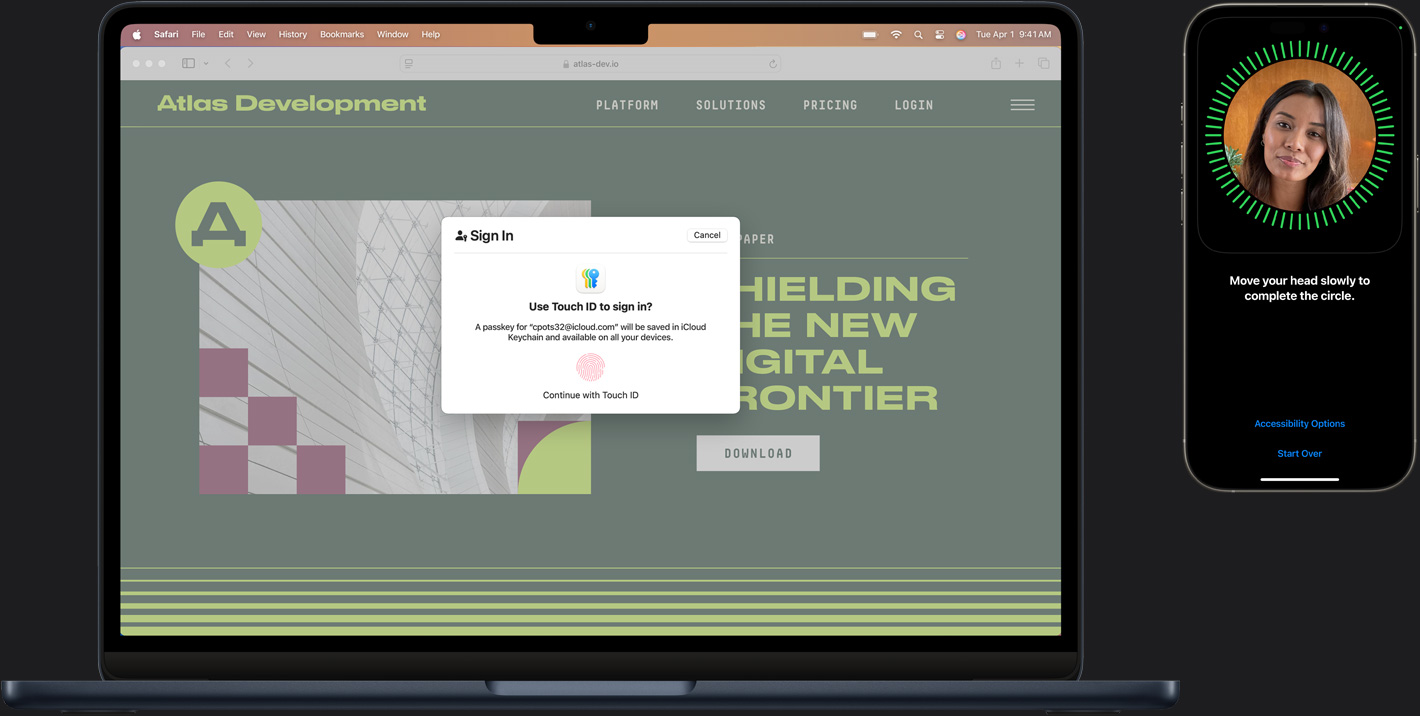 En Mac og en iPhone som viser ulike aspekter av Touch ID for sikker pålogging.